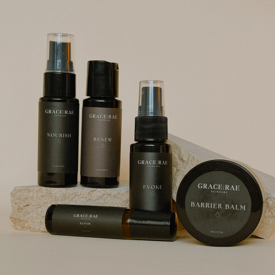 Collection of Grace & Rae skincare products on a neutral background